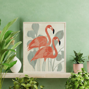 Rosa Flamingos Grüne Pflanzen Wasserfarben Stylisc Poster
