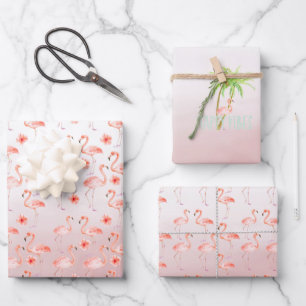 Rosa Flamingos Hibiskus Floral Geschenkpapier Set