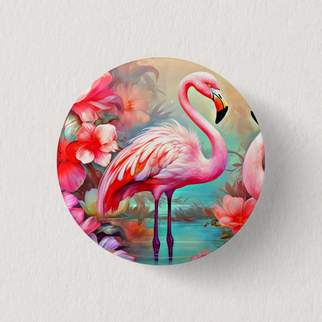 Rosa Flamingos in einem See mit Blume-20231 Button (Vorderseite)