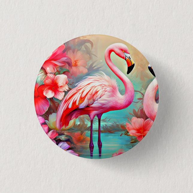 Rosa Flamingos in einem See mit Blume-20231 Button (Vorderseite)