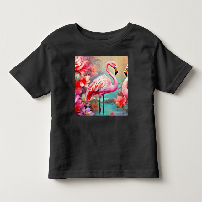 Rosa Flamingos in einem See mit Blume-20231 Kleinkind T-shirt (Vorderseite)