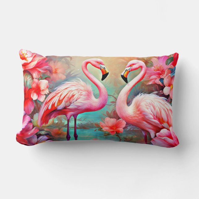 Rosa Flamingos in einem See mit Blume-20231 Lendenkissen (Vorderseite)