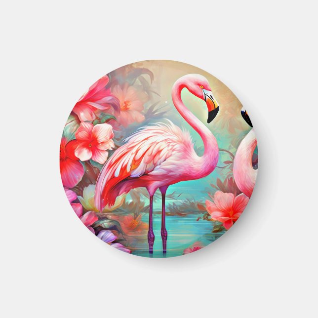Rosa Flamingos in einem See mit Blume-20231 Magnet (Vorne)