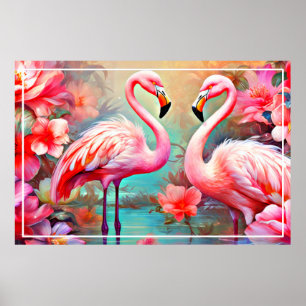 Rosa Flamingos in einem See mit Blume-20231 Poster