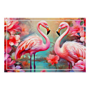 Rosa Flamingos in einem See mit Blume-20231 Poster