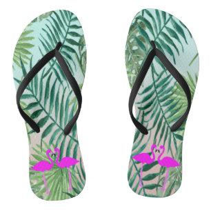 Rosa Flamingos in Liebe auf Palm-Blätter Flip Flops