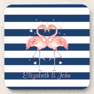 Rosa Flamingos in Liebe, blaue Streifen Getränkeuntersetzer