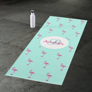 Rosa flamingos minzgrün Monogramm Name Yogamatte