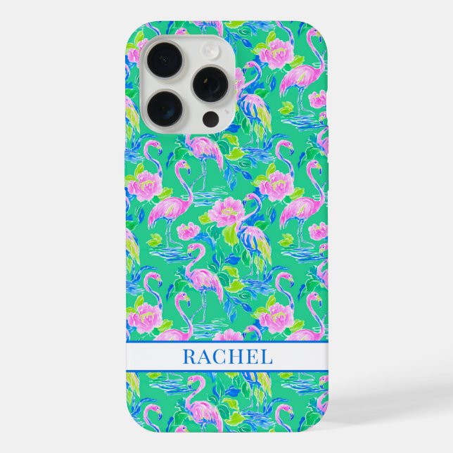 Rosa Flamingos mit Monogramm iPhone Hülle (Rückseite)