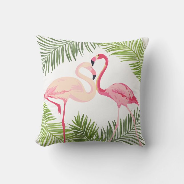 Rosa Flamingos mit Palm-Blätter Kissen Für Draußen (Vorderseite)