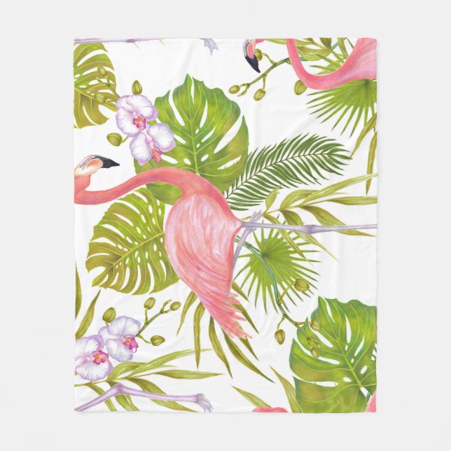 Rosa Flamingos, Orchideen: Aquarellmuster. Fleecedecke (Vorderseite)