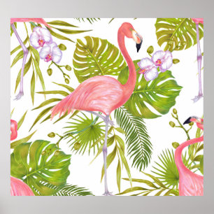 Rosa Flamingos, Orchideen: Aquarellmuster. Poster