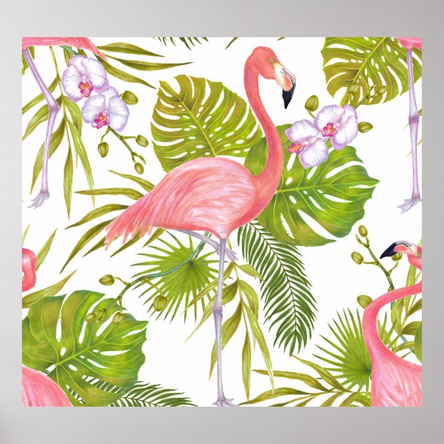 Rosa Flamingos, Orchideen: Aquarellmuster. Poster (Vorne)