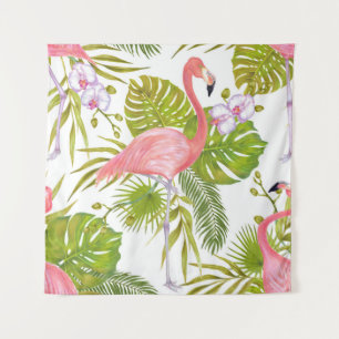 Rosa Flamingos, Orchideen: Aquarellmuster. Wandteppich