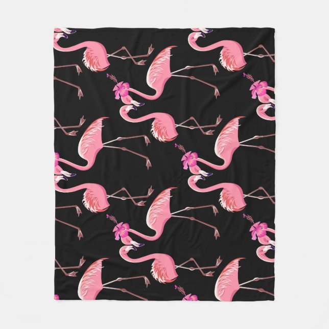 Rosa Flamingos: Schwarzer Hintergrund Vintage Fleecedecke (Vorderseite)