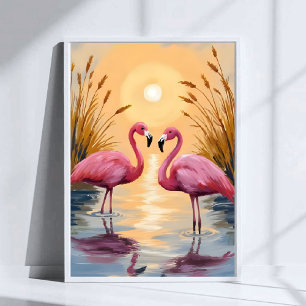 Rosa Flamingos Sonnenuntergang Tiermalerei Poster