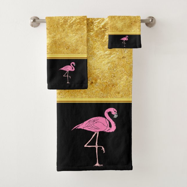 Rosa Flamingos, stehend mit Goldfolienstruktur 3 Badhandtuch Set (Insitu)