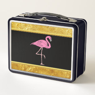 Rosa Flamingos, stehend mit Goldfolienstruktur 3 Metall Lunch Box