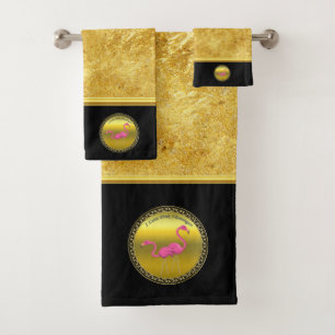 Rosa Flamingos, stehend zusammen mit Goldfolie Badhandtuch Set