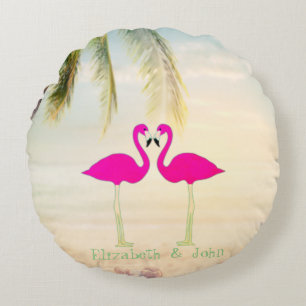 Rosa Flamingos, Strand, Palm, Personalisiert Rundes Kissen
