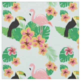 Rosa Flamingos, Toucans, tropisches Blumen-Gewebe Stoff