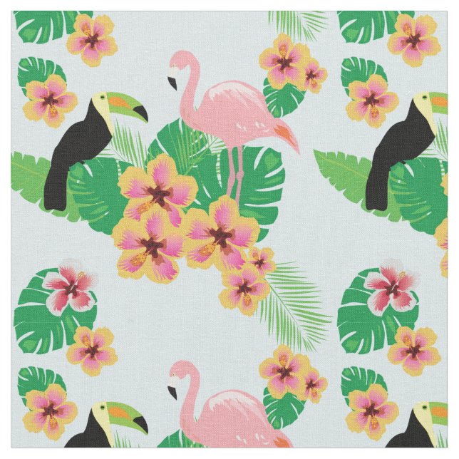 Rosa Flamingos, Toucans, tropisches Blumen-Gewebe Stoff (Nahaufnahme)