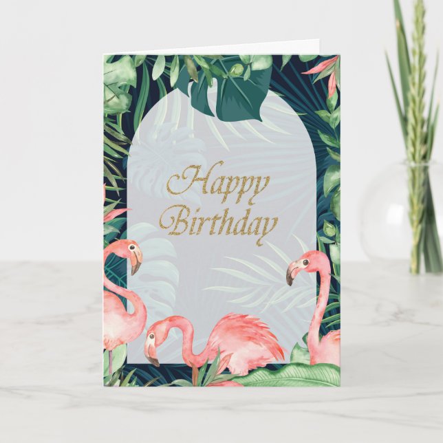 Rosa Flamingos Tropical Palm Blätter Geburtstag Karte (Vorderseite)