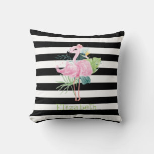 Rosa Flamingos, Tropische Blätter schwarze Streife Kissen