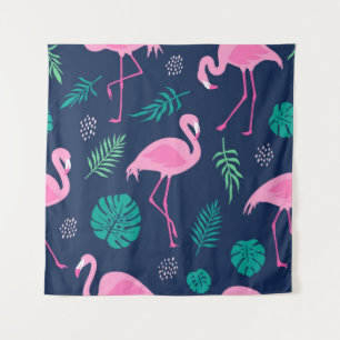 Rosa Flamingos, tropische Palmen, handgezeichnet N Wandteppich
