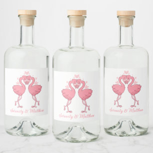 Rosa Flamingos Tropische Sommer-Strandhochzeit Alkoholflaschenetikett