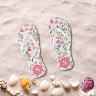 Rosa Flamingos Tropisches Blumenmuster Monogramm Flip Flops
