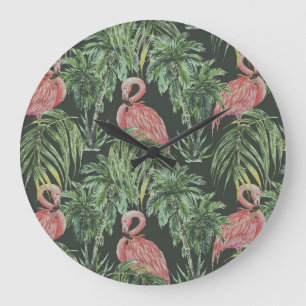 Rosa Flamingos, tropisches Vintages Muster. Große Wanduhr