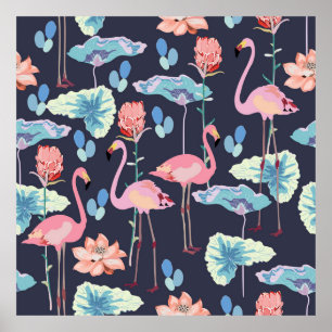 Rosa Flamingos, umgeben von Lotus-Blume und Pro Poster