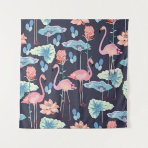 Rosa Flamingos, umgeben von Lotus-Blume und Pro Wandteppich