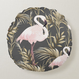 Rosa Flamingos und goldene Pflanze nahtlos Rundes Kissen