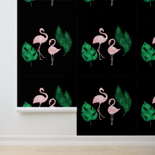 Rosa Flamingos und Palm Blätter auf schwarz Tapete