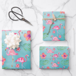 Rosa Flamingos und tropisch rosa Hibiskus Blume Geschenkpapier Set