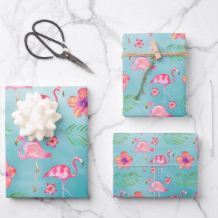 Rosa Flamingos und tropisch rosa Hibiskus Blume Geschenkpapier Set