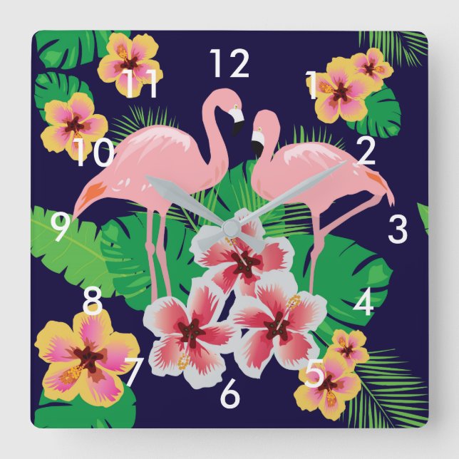 Rosa Flamingos und tropische Blumen-Wand-Uhr Quadratische Wanduhr (Vorderseite)