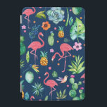 Rosa Flamingos und tropisches farbenfrohe Muster iPad Mini Hülle<br><div class="desc">Niedliche,  farbenfrohe tropische Blume,  Tiere,  Flamingos,  Ananas,  Kakteen,  nahtlose Muster mit marineblauer,  variierbarer Hintergrundfarbe.</div>