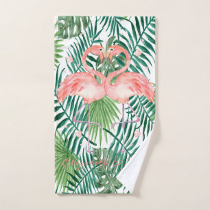 Rosa Flamingos verliebt, Herzen, Palmwedel Badhandtuch Set