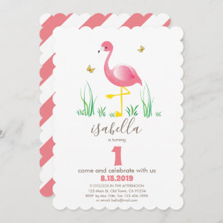 Rosa Flamings Girl 1. Geburtstagskarte Einladung