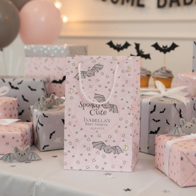 Rosa Fledermäuse Niedliche Babydusche Kleine Geschenktüte (Pink Spooky Cute Bats Girl Baby Shower Gift Bags. Bats, Stars, Moons Pink Watercolor Pattern for Her)