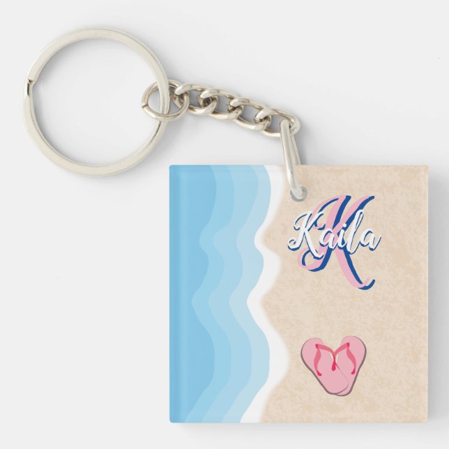 Rosa Flip-Flops am Strand Schlüsselanhänger (Vorderseite)