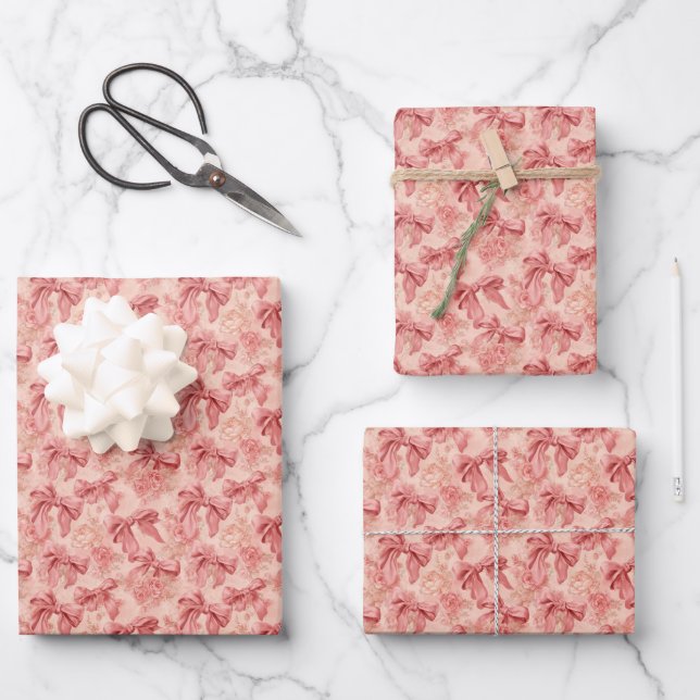 Rosa Flirt Florale Schleifen Geschenkpapier Set (Vorderseite)