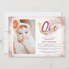 Rosa Flora 1. Geburtstag Foto Einladung