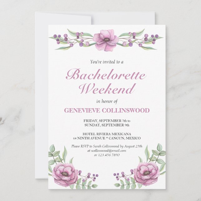 Rosa Flora Bachelorette Wochenende Tour Einladung (Vorderseite)
