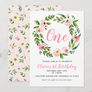 Rosa Flora Einladung zum 1. Geburtstag Peony Gir