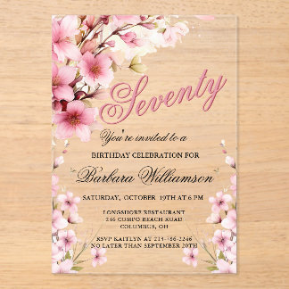 Rosa Flora Elegance 70. Geburtstagsparty Acryleinladungen