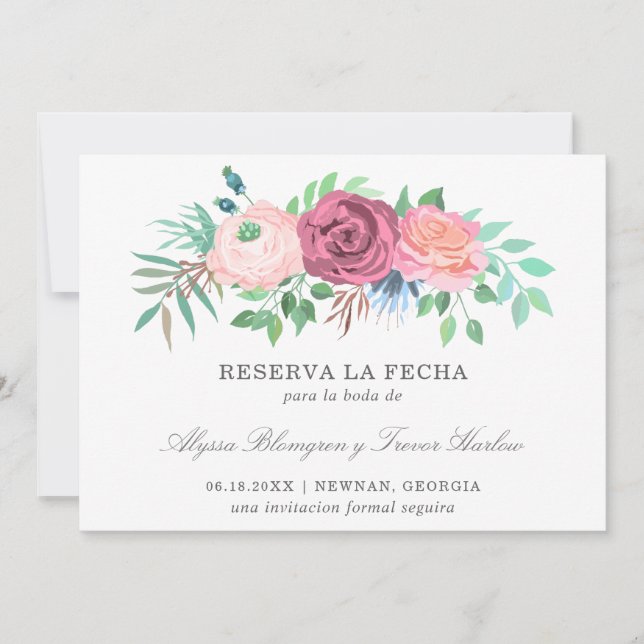 Rosa Flora Elegante Spanische Hochzeit Save The Date (Vorderseite)